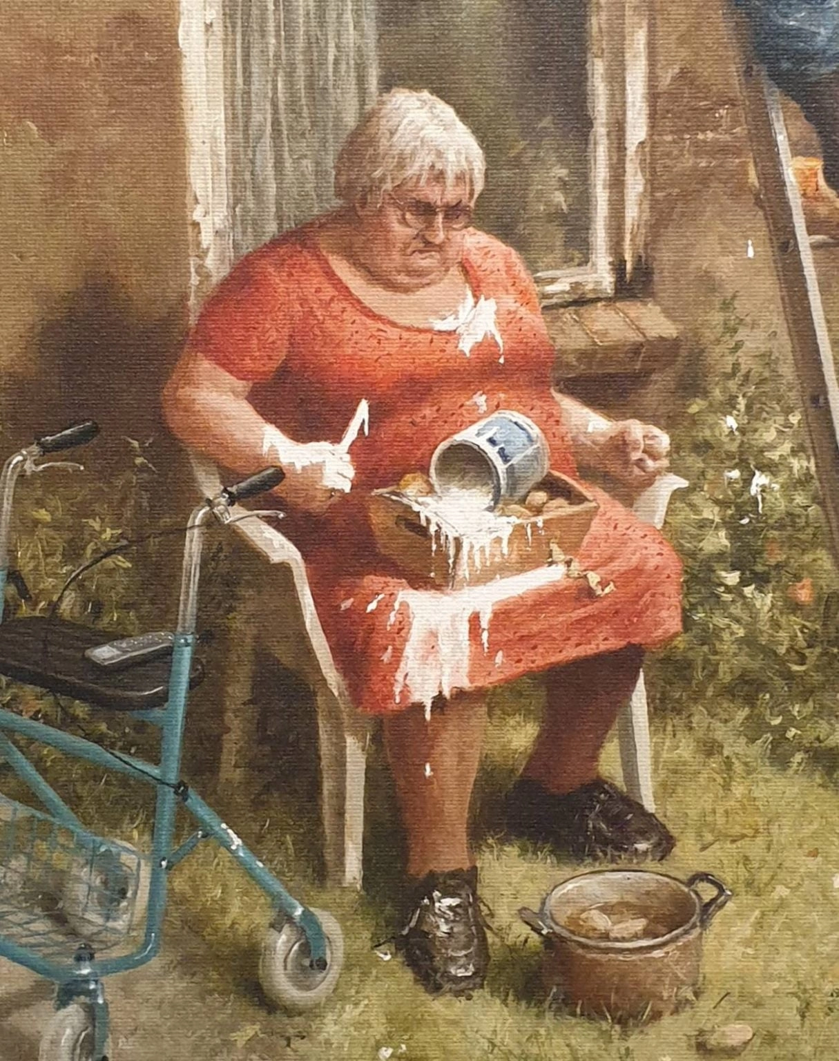 een schilderij van een oudere vrouw zittend in een stoel