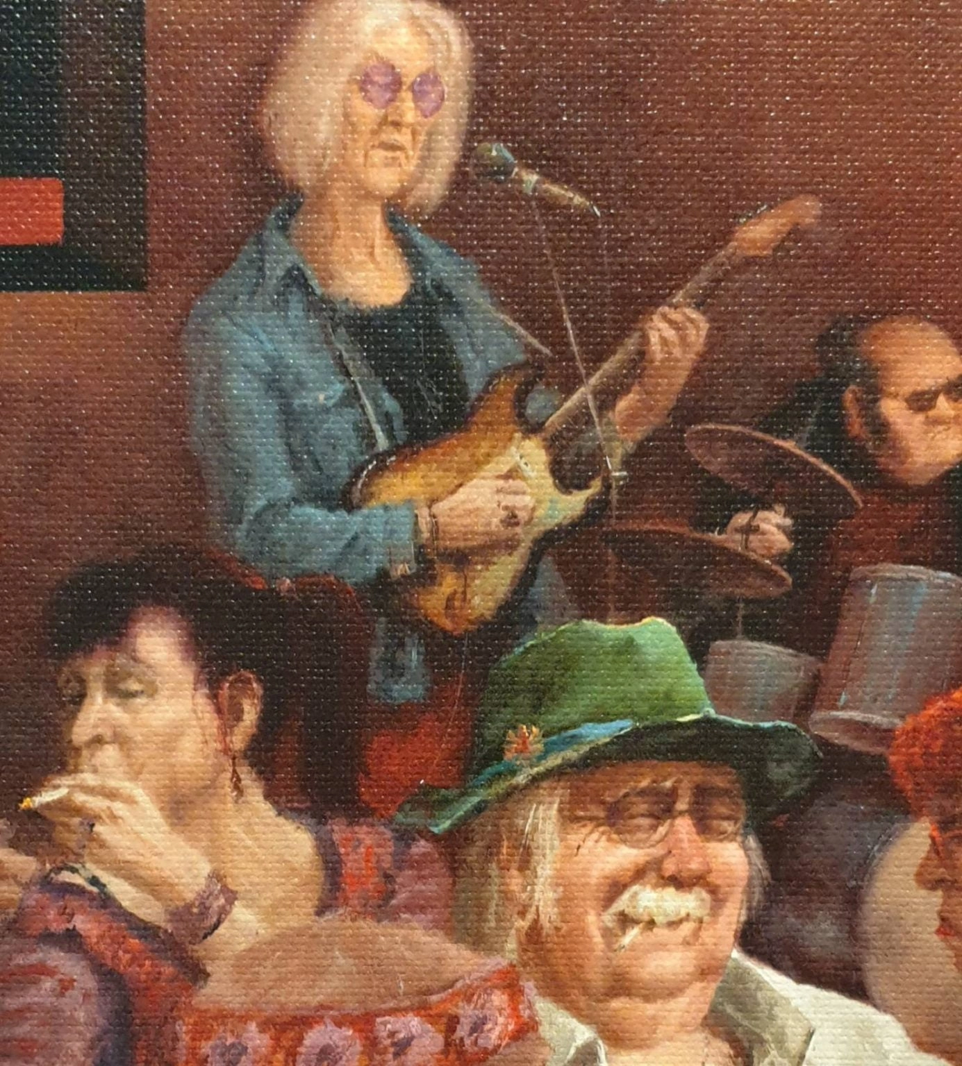 een schilderij van een groep mensen die instrumenten bespelen