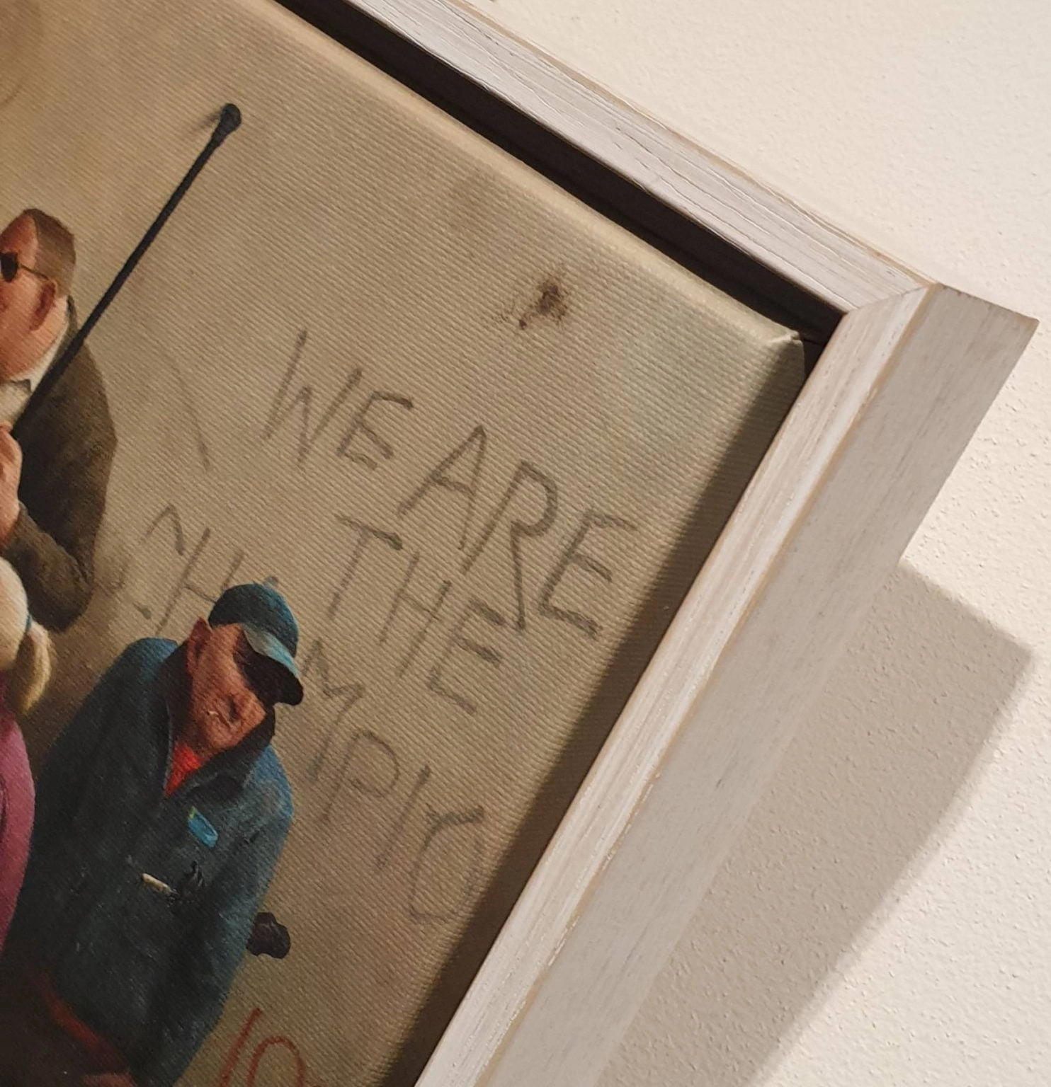 een schilderij van twee mensen die een honkbalknuppel vasthouden