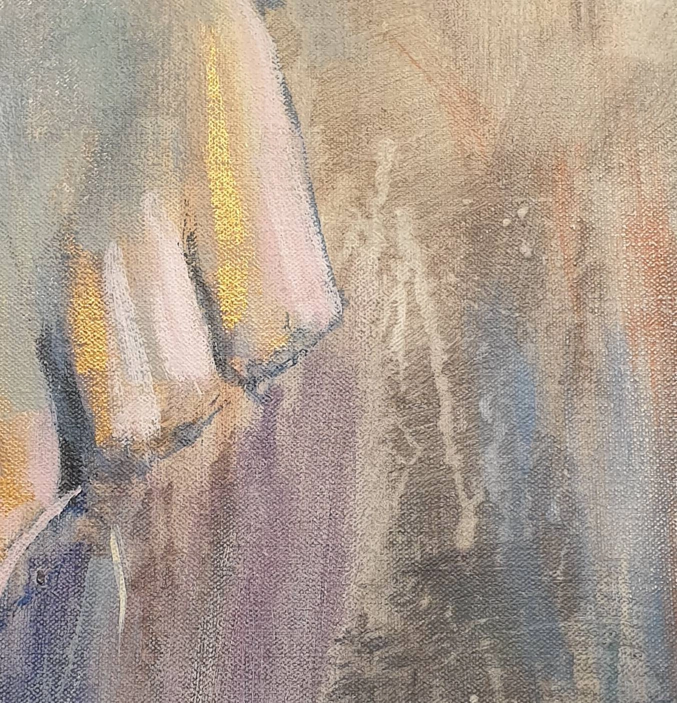 een abstract schilderij met pastelkleuren en lijnen