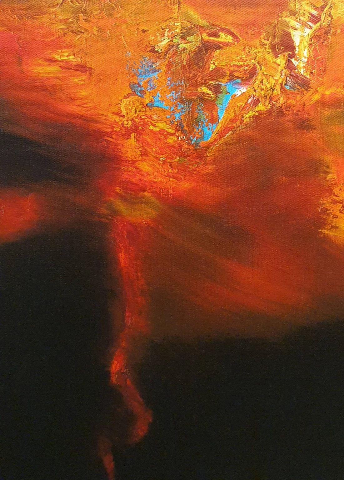 een abstract schilderij met oranje en blauwe kleuren