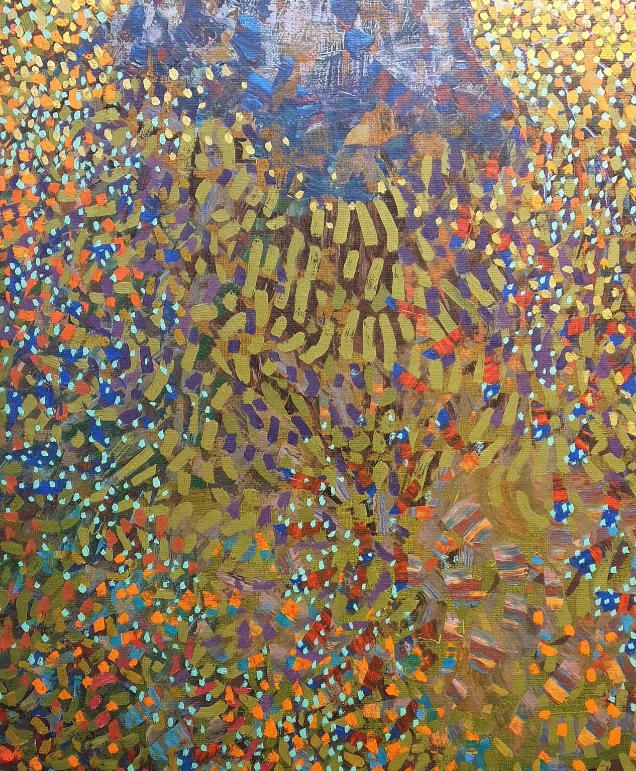 een abstract schilderij met veel kleuren en vormen