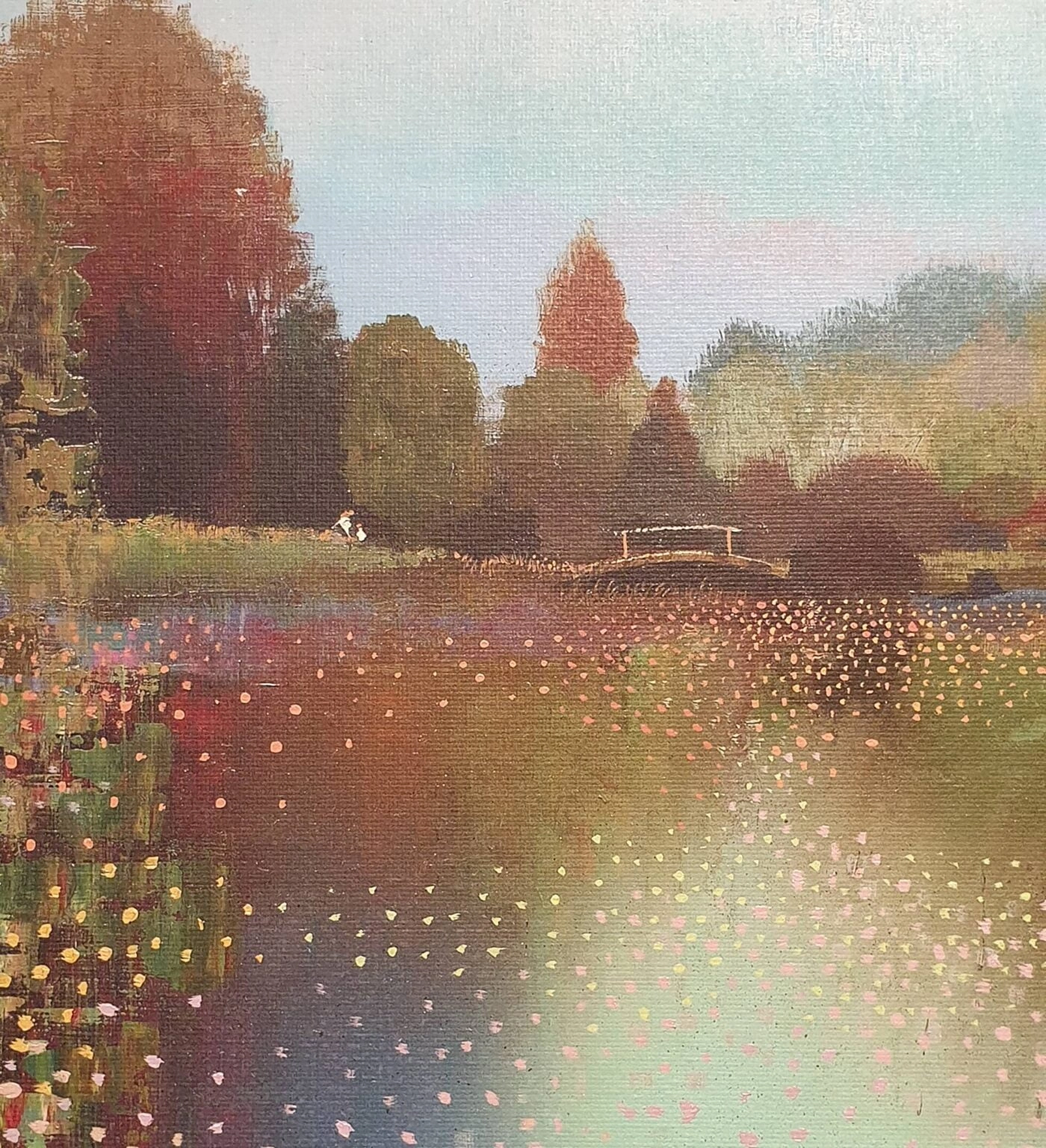 een olieverfschilderij van bloemen in een veld