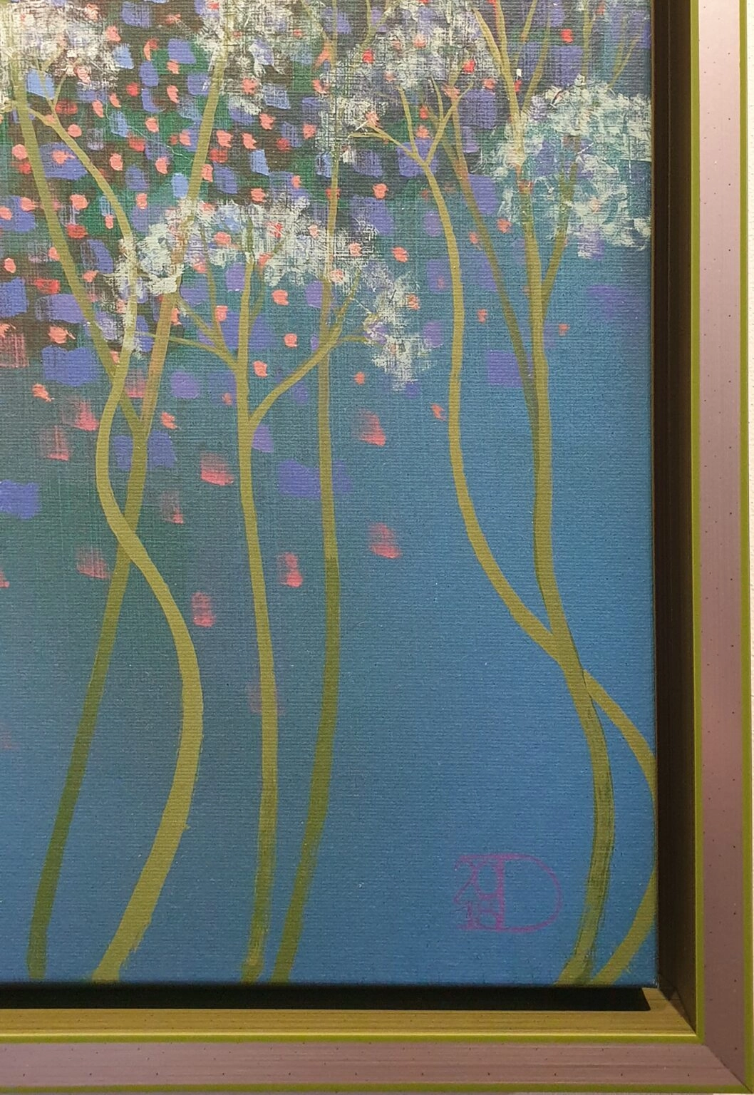 een schilderij van bloemen en bomen op een blauwe achtergrond