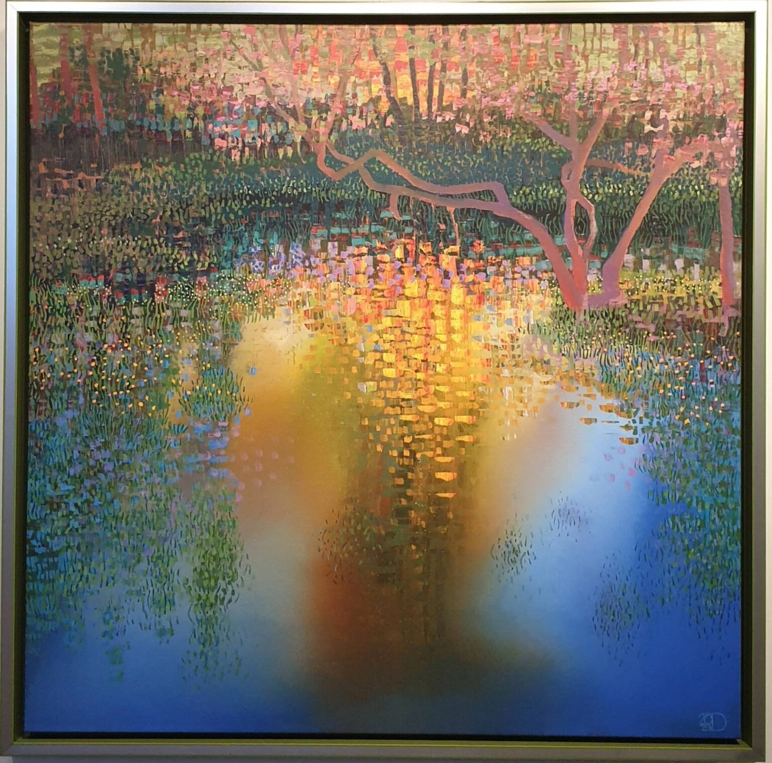 een abstract schilderij met bomen en water