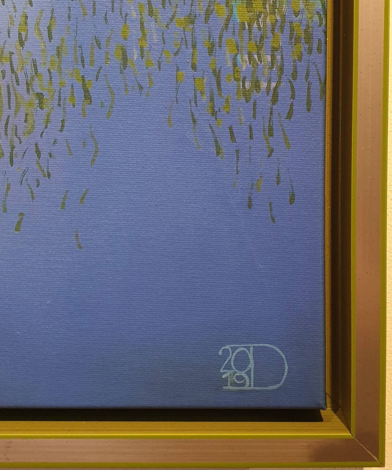 een schilderij van een blauwe lucht met groene bladeren