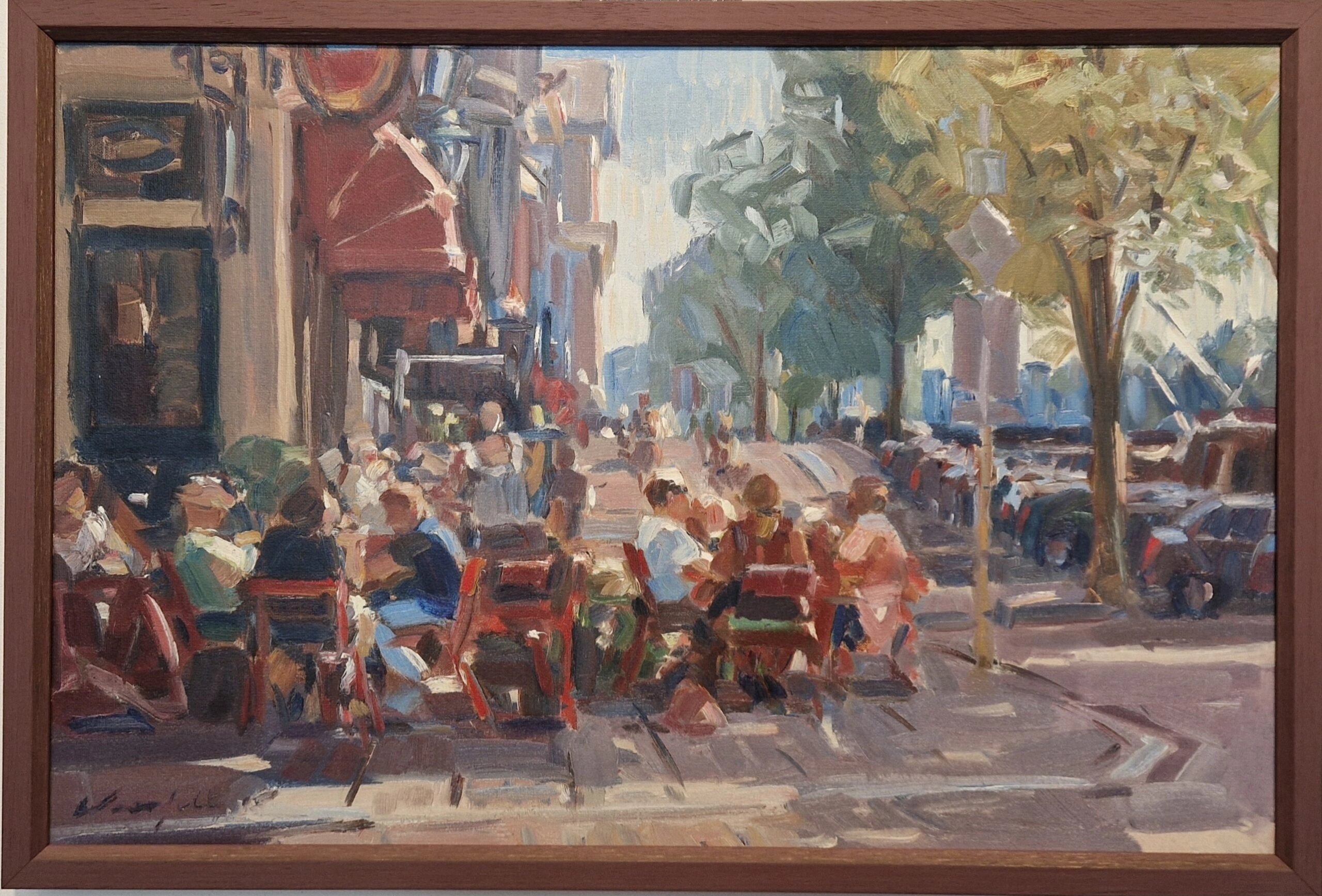 een olieverfschilderij van mensen die aan een tafel zitten