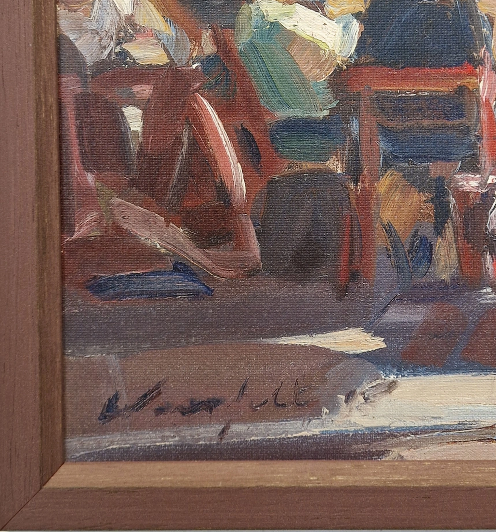 een olieverfschilderij van mensen die op stoelen zitten