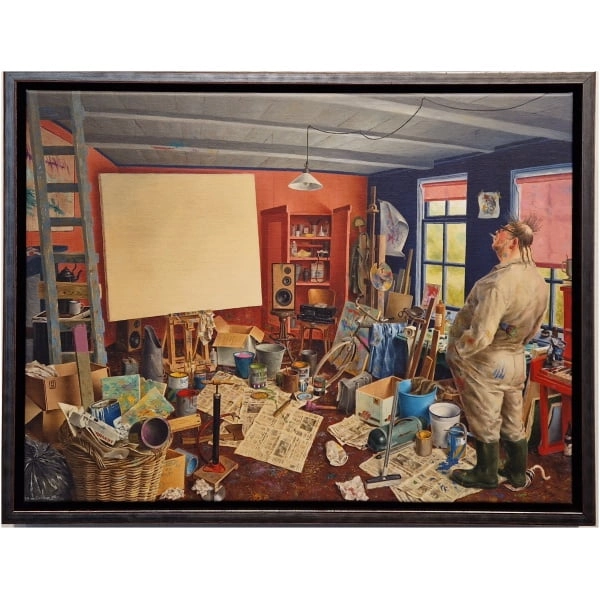 een schilderij van een vrouw in een kamer vol rommel