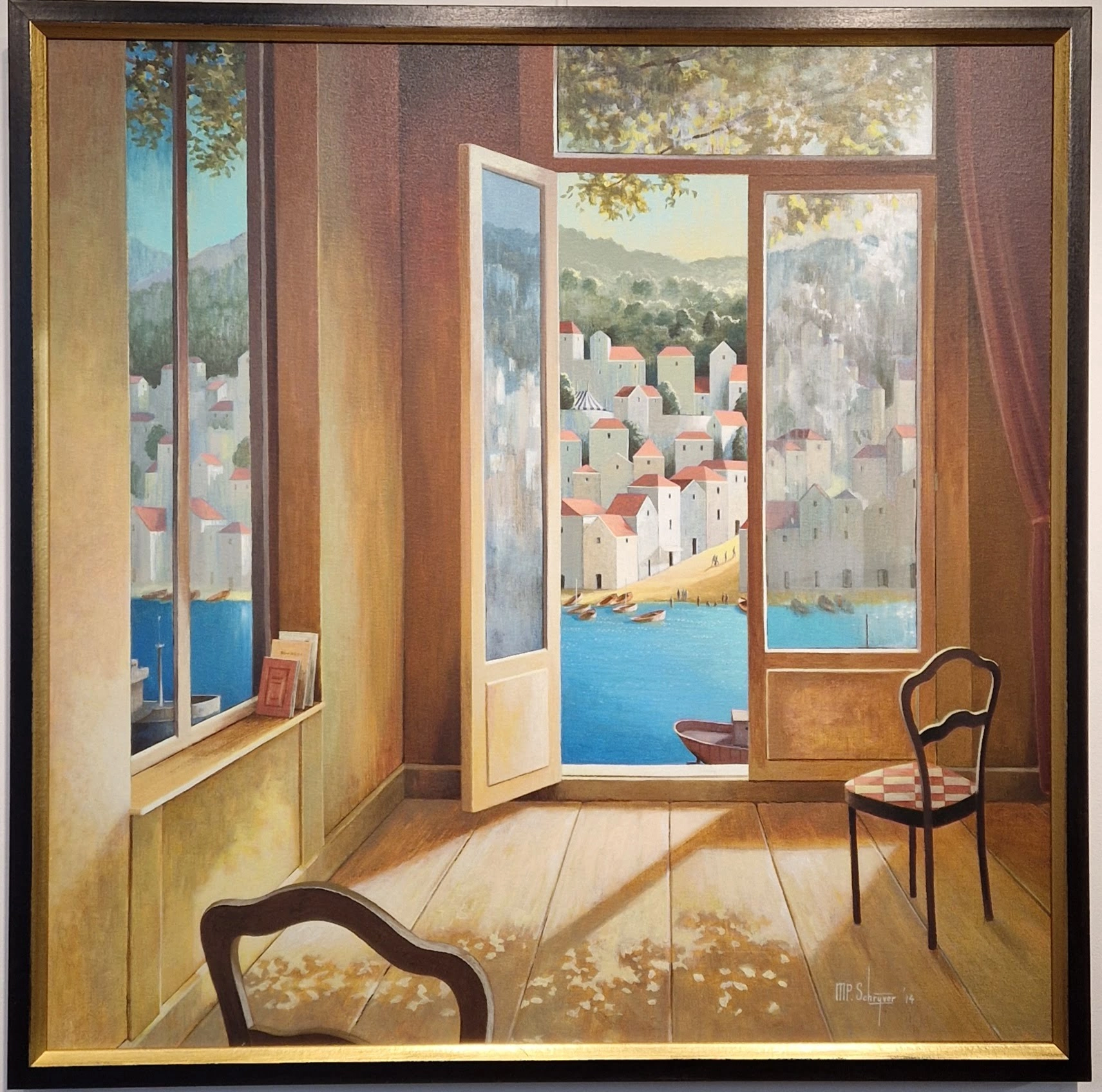 een schilderij van een kamer met uitzicht op de stad