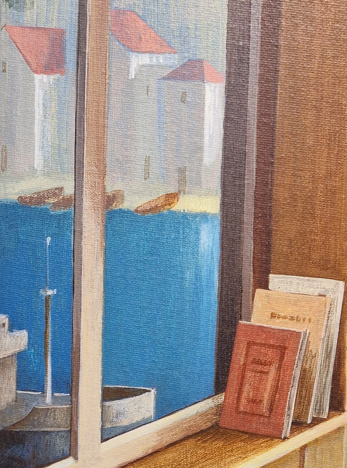 een schilderij van een raam met uitzicht op de oceaan