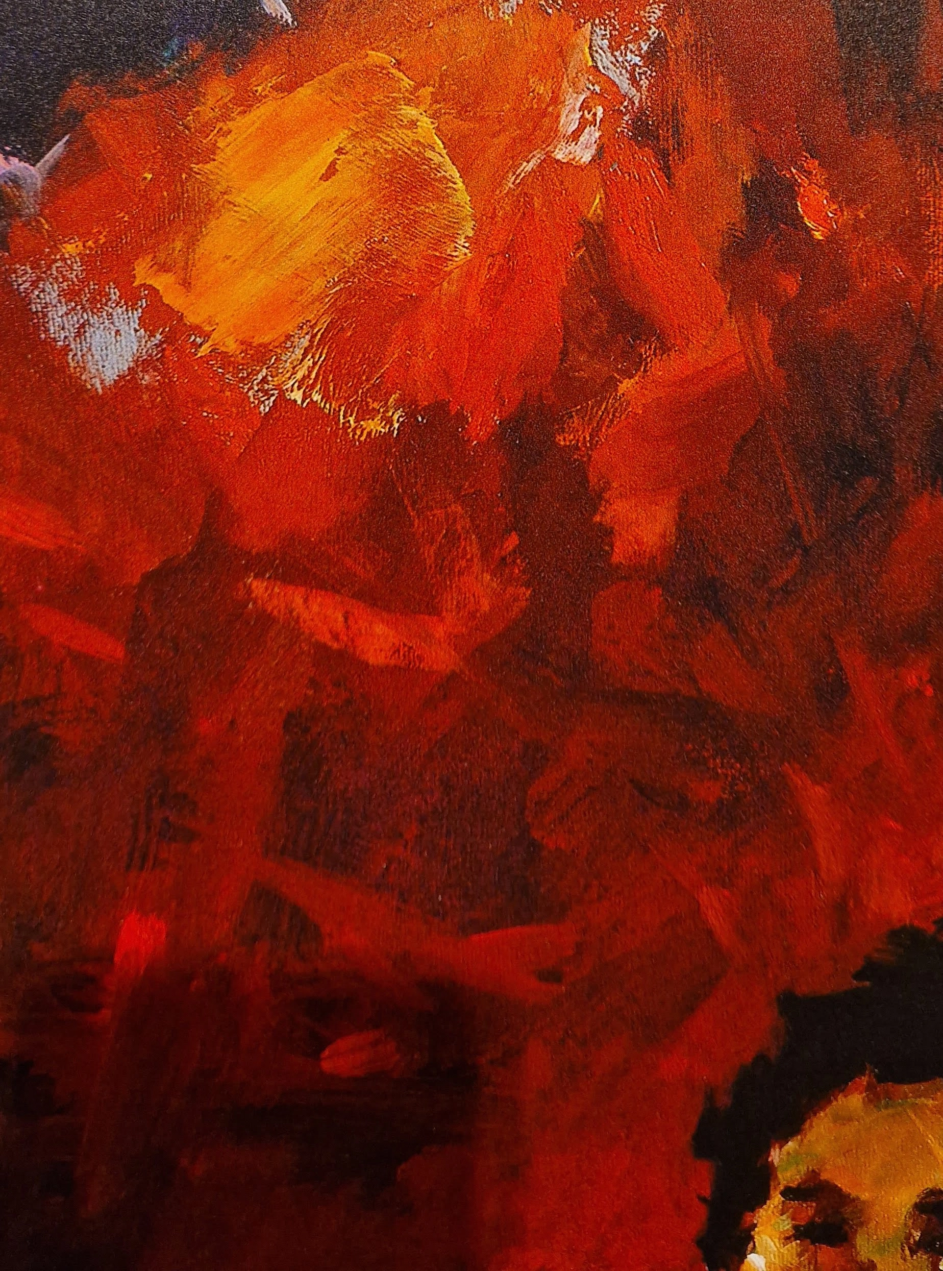 een abstract schilderij met oranje en rode kleuren