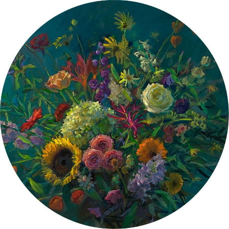 een schilderij van bloemen in een vaas op een tafel