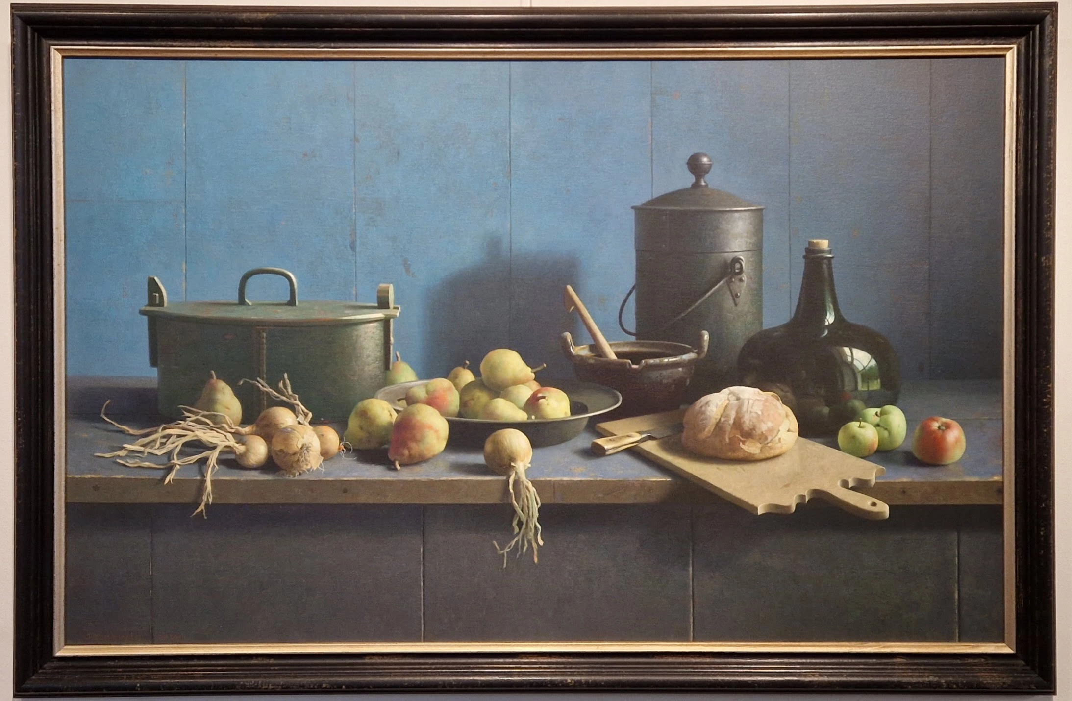 een schilderij van groenten en fruit op een tafel