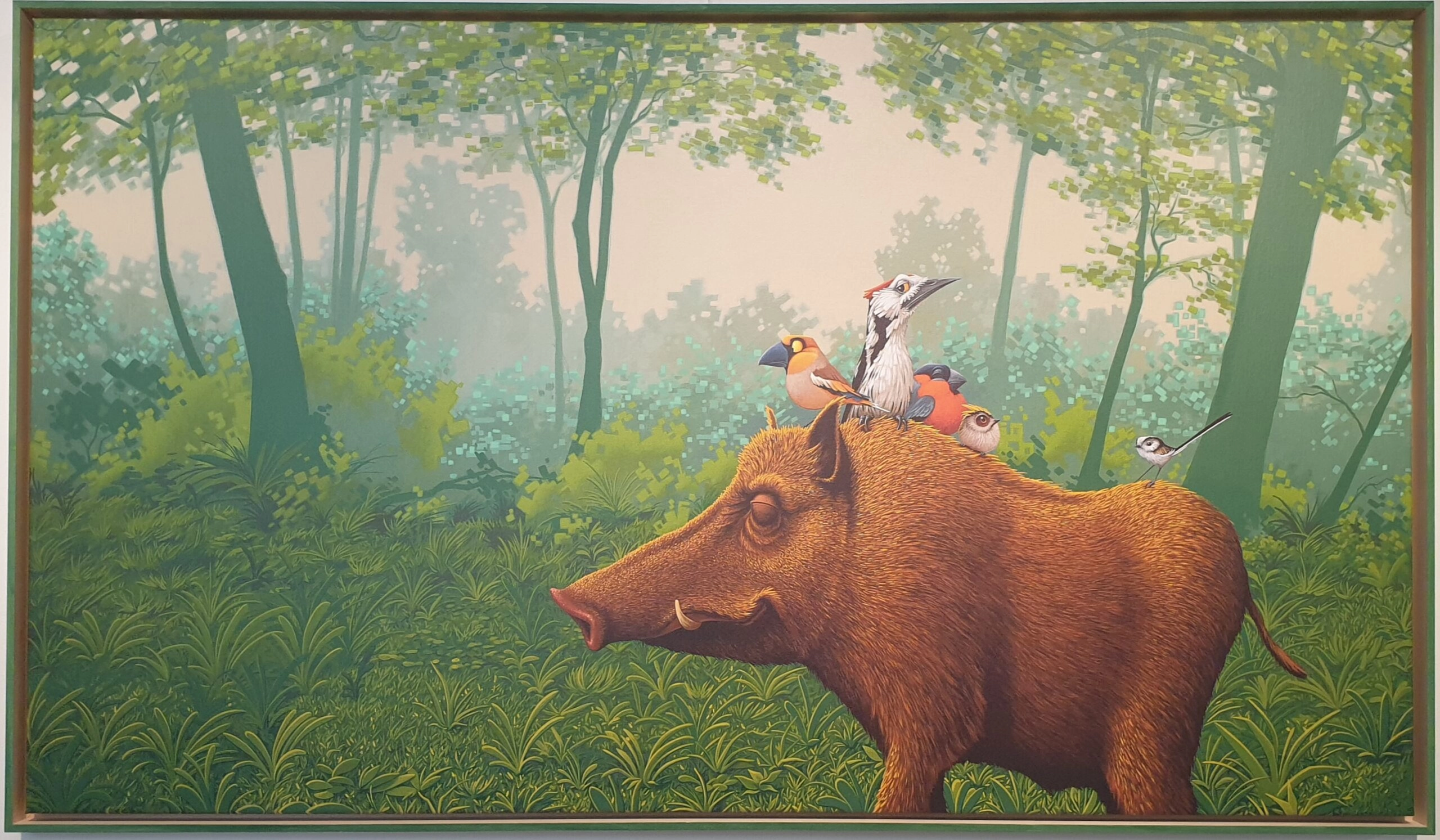 een schilderij van mensen die op de rug van een zwijn rijden