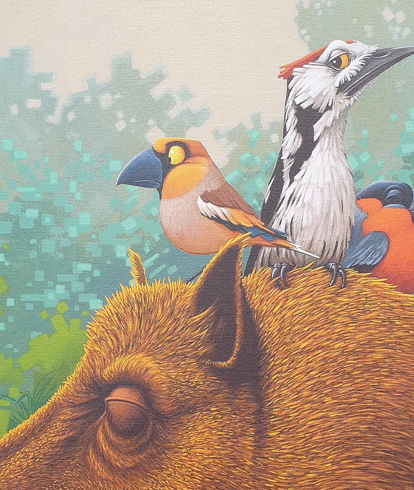 een schilderij van vogels en een varken met bomen op de achtergrond