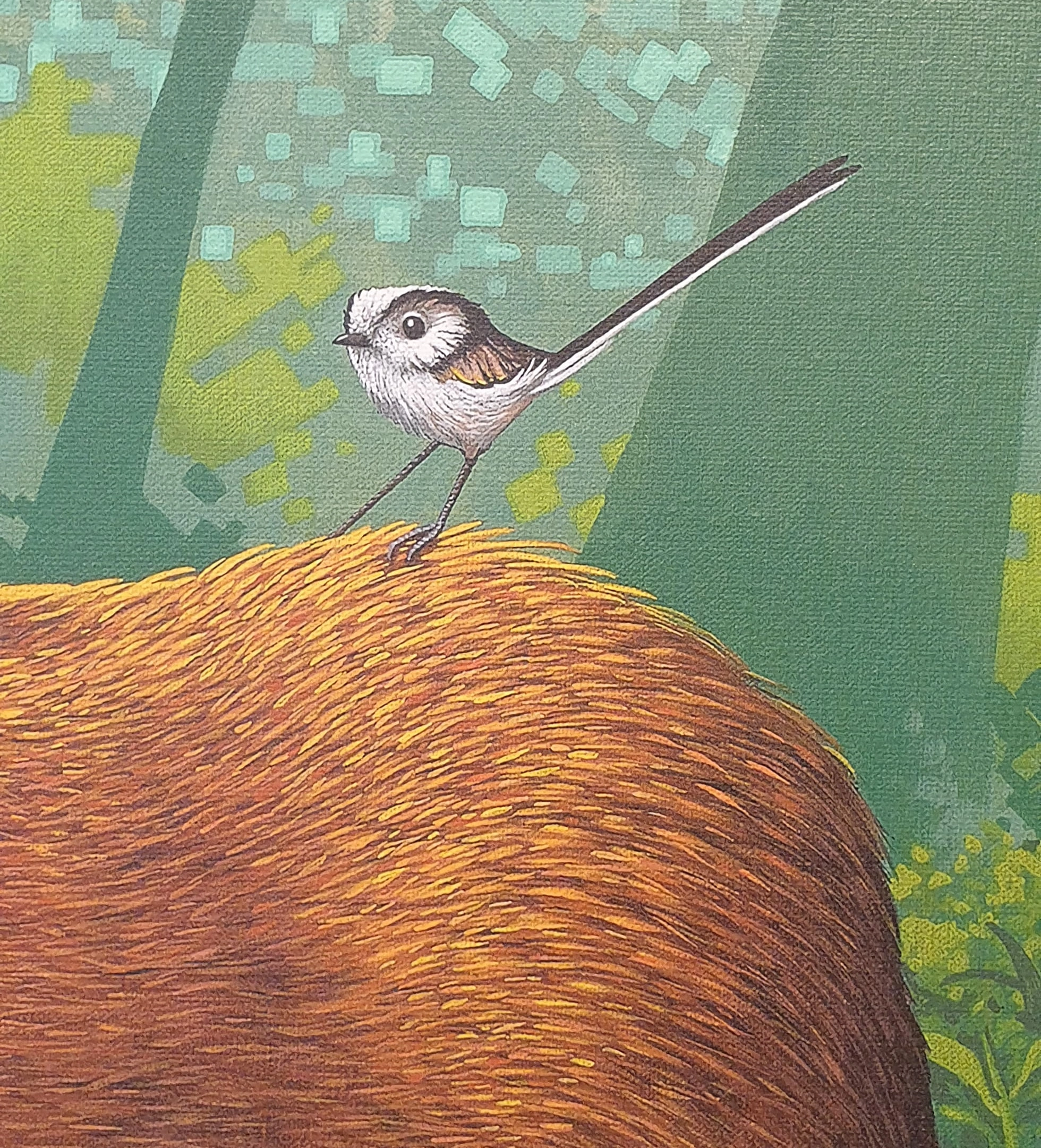 een schilderij van een vogel die bovenop een hert zit