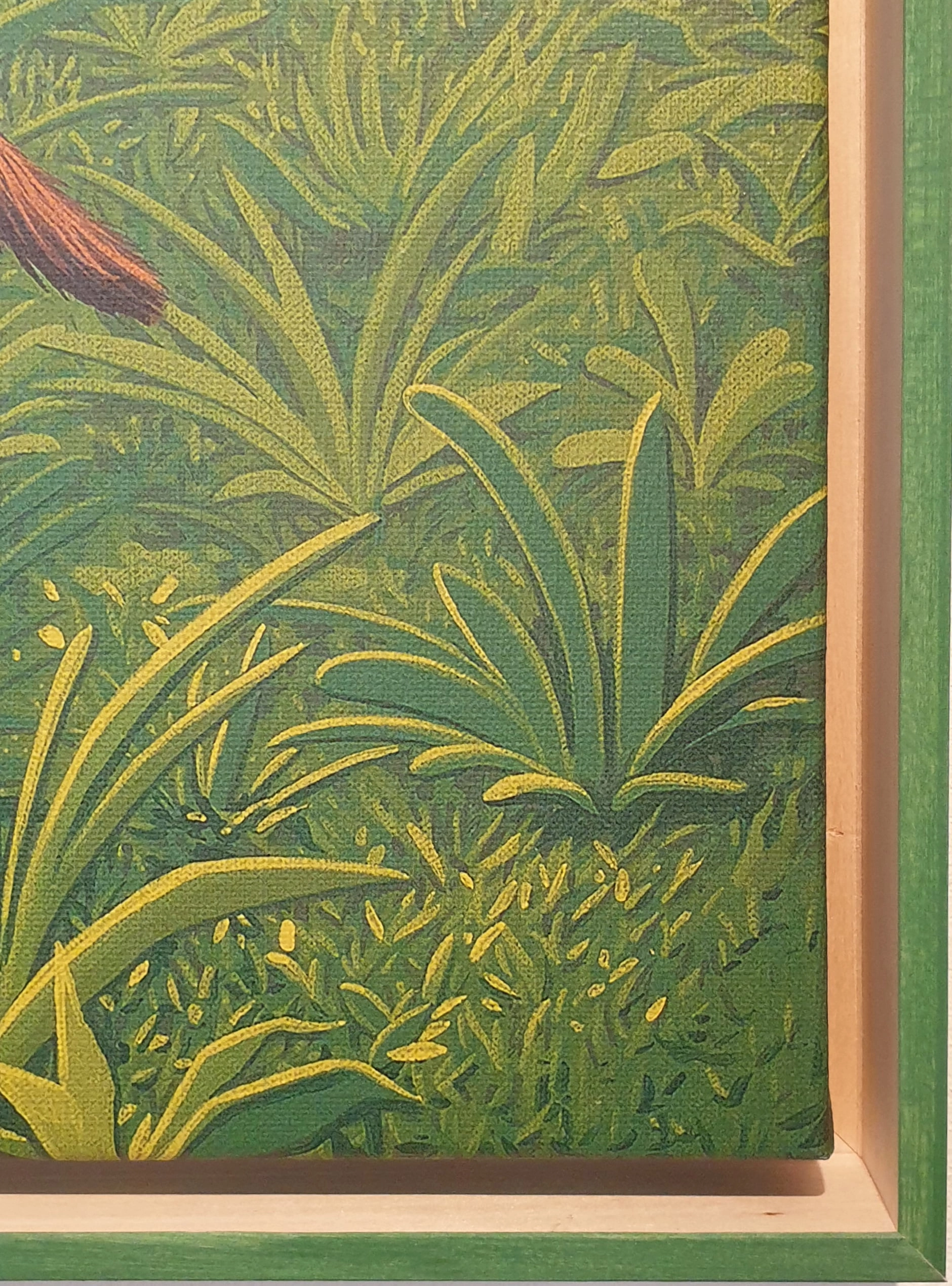 een schilderij van een vogel in het gras