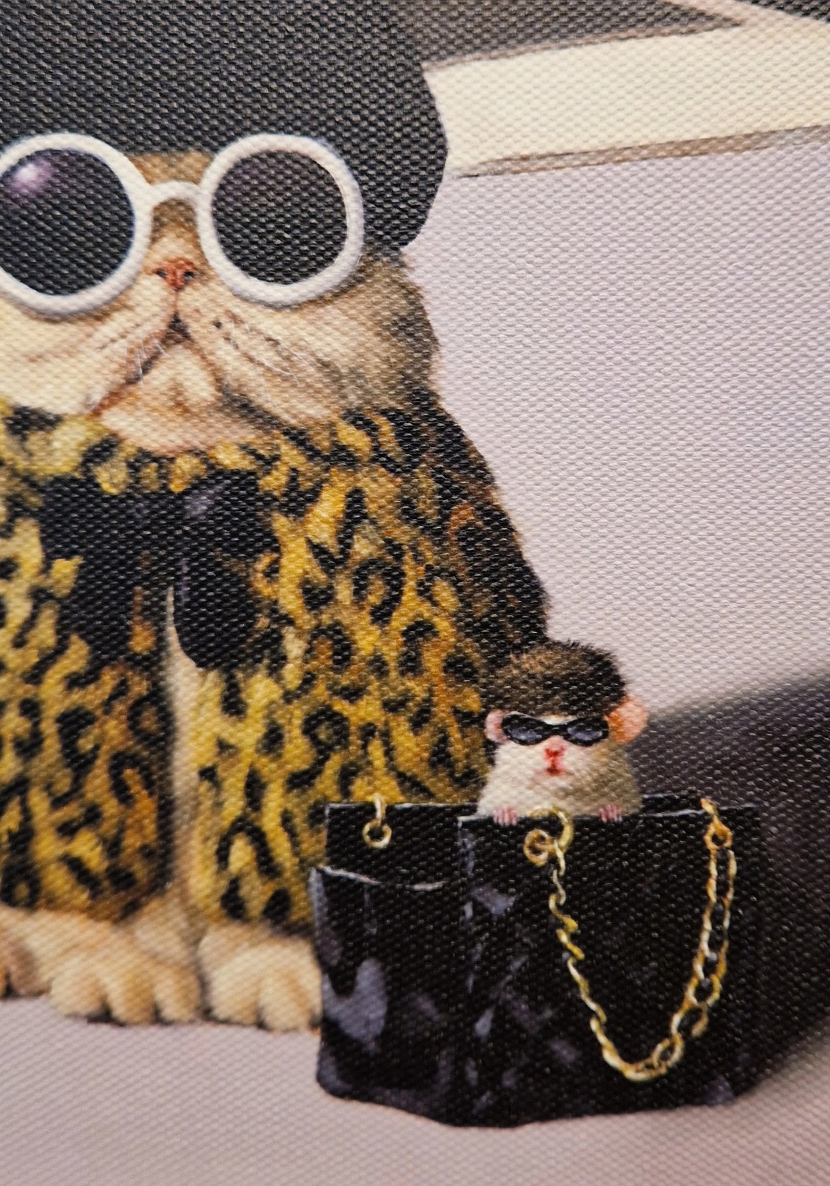 een kat met een zonnebril en een tas die op de grond zit