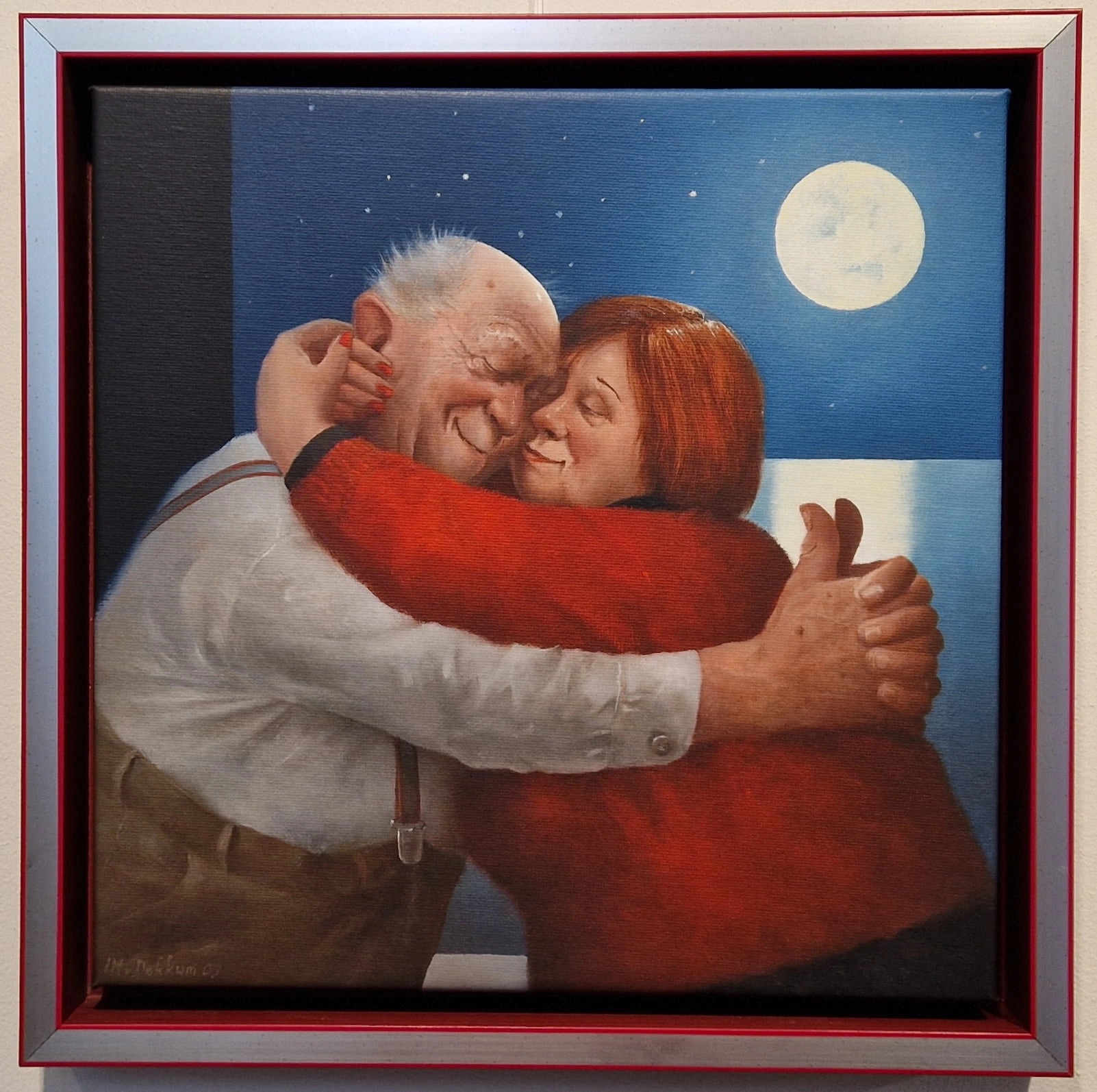 een schilderij van twee mensen die elkaar omhelzen