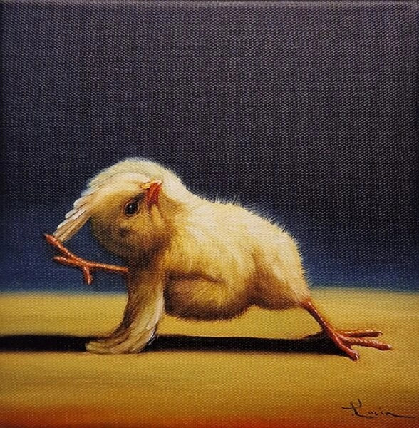 een schilderij van een kip met lange poten