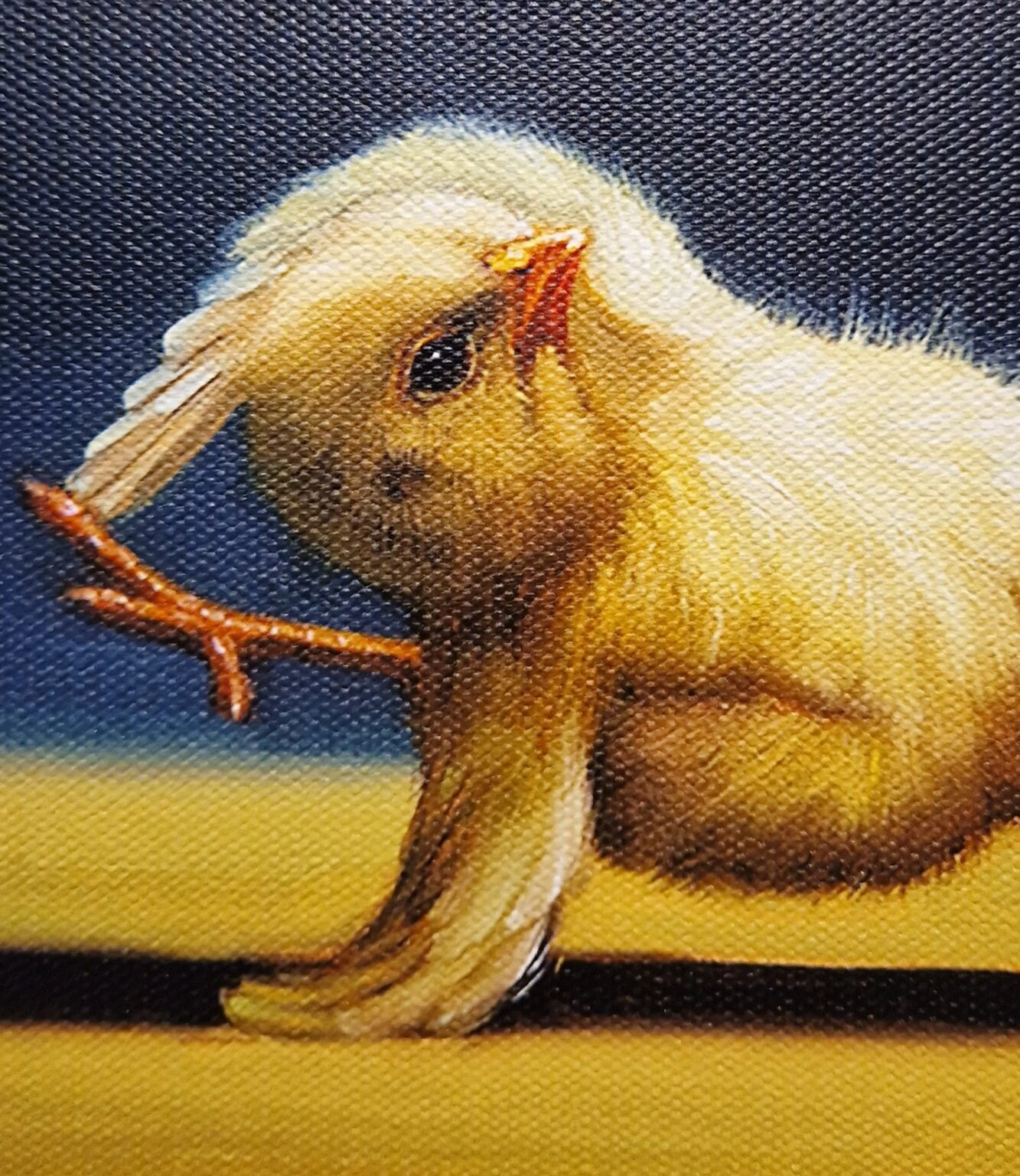 een schilderij van een kleine vogel met lang haar