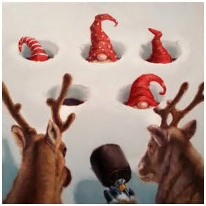 een schilderij van kerstmutsen en rendieren in de sneeuw