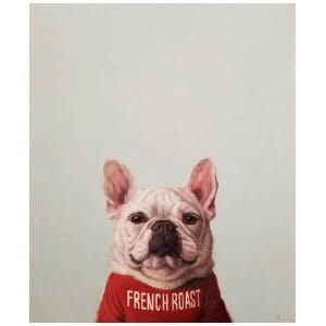 een schilderij van een Franse bulldog die een rood shirt draagt