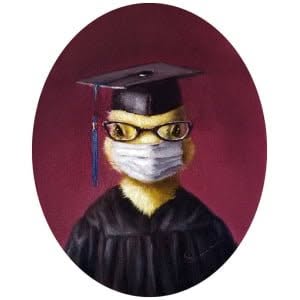 een schilderij van een eend met een afstudeerpet en een bril