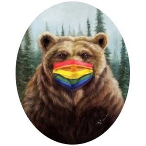 een schilderij van een beer met een regenboogmasker