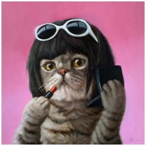 een schilderij van een kat die een zonnebril draagt ​​en een mobiele telefoon vasthoudt
