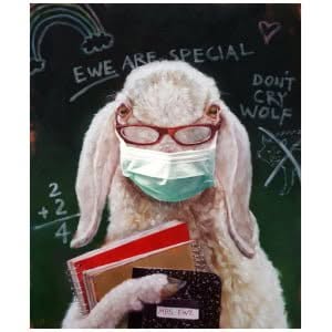 een konijn dat een gezichtsmasker draagt ​​en boeken vasthoudt