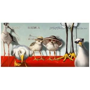 een schilderij van vogels met hoeden en zonnebrillen