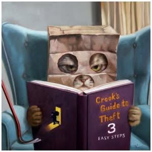 een schilderij van een kat die een boek leest