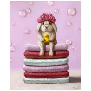 een schilderij van een hond die op een stapel kussens zit