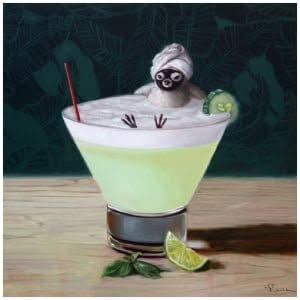 een schilderij van een kat in een margaritaglas