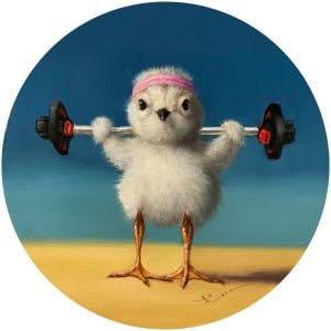 een schilderij van een kip met een halter