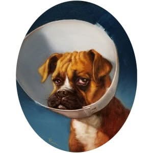 een schilderij van een hond met een kegel op zijn kop
