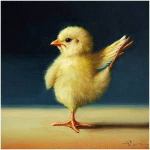een schilderij van een kleine gele kip op een tafel