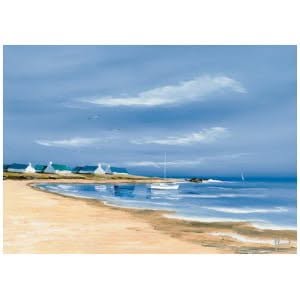 een schilderij van een strand met boten erop