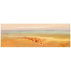 een schilderij van mensen die op het strand lopen