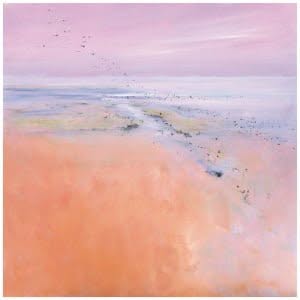 een abstract schilderij met roze en blauwe kleuren