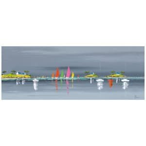 een schilderij van zeilboten in het water