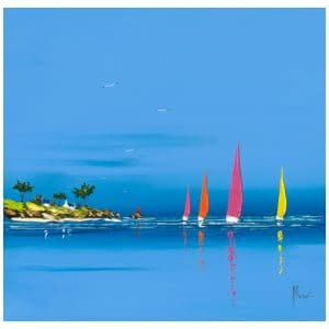 een schilderij van zeilboten in het water