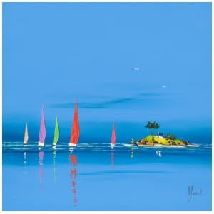 een schilderij van zeilboten in het water met een klein eiland op de achtergrond