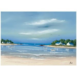 een schilderij van boten in het water op een strand