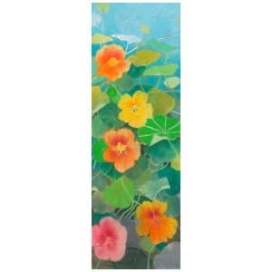 een schilderij van bloemen en bladeren op een blauwe achtergrond