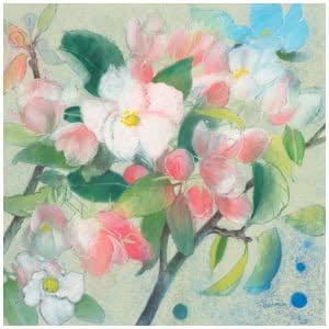 een schilderij van roze en witte bloemen met groene bladeren