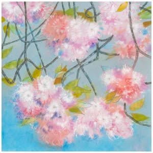 een schilderij van roze bloemen op een blauwe achtergrond