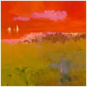 een abstract schilderij met rode en gele kleuren